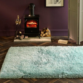 Blue Shaggy Luxurious Modern Plain Easy to Clean Bedroom Dining Room Living Room Rug -43cm X 43cm