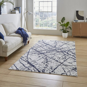 Blue Silver Abstract Easy to Clean Modern Rug For Dining Room Bedroom and Living Room-120cm X 170cm