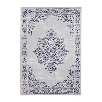 Blue Silver Traditional Abstract Bordered Easy To Clean Rug For Living ...