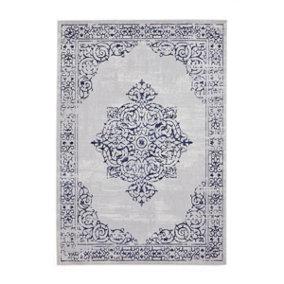 Blue Silver Traditional Abstract Bordered Easy To Clean Rug For Living Room Bedroom & Dining Room-120cm X 170cm