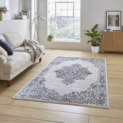 Blue Silver Traditional Abstract Bordered Easy To Clean Rug For Living Room Bedroom & Dining Room-160cm X 230cm