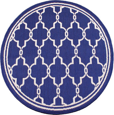 Blue Spanish Tile Garden Patio Rug - Weatherproof, Mould & Mildew Resistant Indoor Outdoor Mat - Round 120cm Diameter
