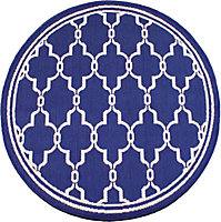 Blue Spanish Tile Garden Patio Rug - Weatherproof, Mould & Mildew Resistant Indoor Outdoor Mat - Round 160cm Diameter