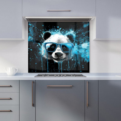 Blue Splashart Panda Face Premium Glass Kitchen Splashback W600mm x H600mm