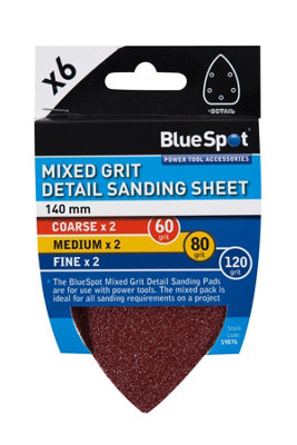 Blue Spot Tools 6 Pack 140mm Mixed Grit Detail Sanding Sheets DIY