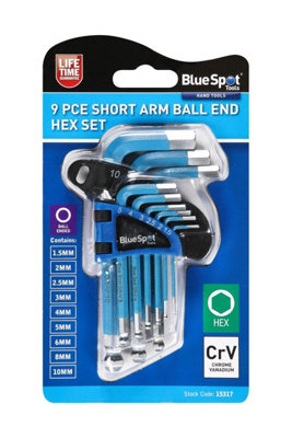 Blue Spot Tools - 9Pce Short Arm Ball End Hex Key Set (1.5-10mm)