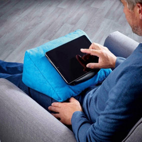 Blue Tablet Holder Cushion - Angled Pillow Device Stand with Zip Pocket for Tablets, Phones, E-Readers & Books - H28 x W33 x D28cm