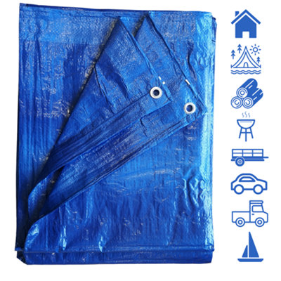 Blue Tarpaulin - (L)8m x (W)5m - Heavy Duty Waterproof  - Metal Fixing Eyelets & Rope Reinforced Hems