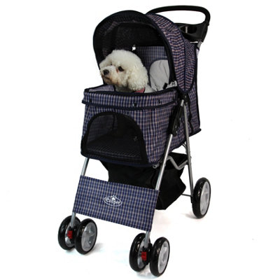 Blue Tartan Folding Pushchair Pet Stroller