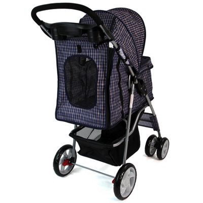 Blue Tartan Folding Pushchair Pet Stroller