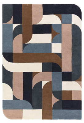 Blue Teal Handmade Abstract Geometric Wool 12-14mm Thick Stain-Resistant Rug For Bedroom, & Dining Room-200cm X 300cm