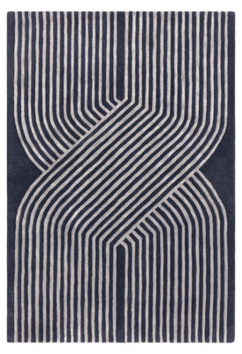 Blue Teal Handmade Modern Striped Wool 12-14mm Thick Stain-Resistant Rug For Bedroom, Living, Dining Room-120cm X 170cm
