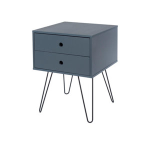 Blue Telford, 2 drawer bedside cabinet with hair pin metal legs