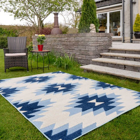 Blue Textured Tribal Geometric Weather-Resistant Outdoor Patio Area Rug 200x290cm