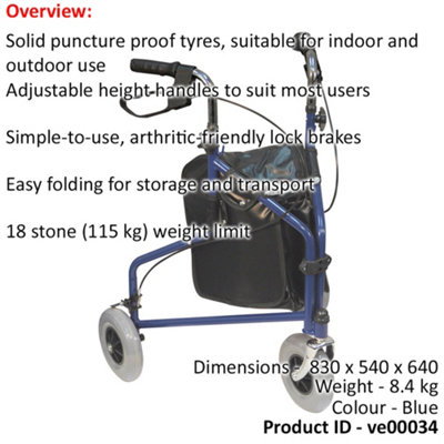 Blue Three Wheeled Steel Walker Puncture Proof Tyres 115kg