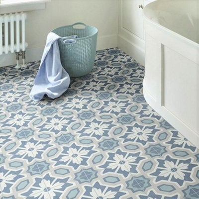 Blue Tile Effect Anti-Slip Vinyl Flooring For DiningRoom LivingRoom Hallways And Kitchen Use-9m X 3m (27m²)