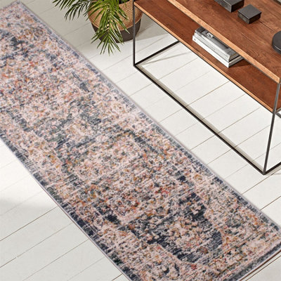 Blue Traditional Abstarct Easy to Clean Floral Rug For Dining Room-66 X 200cmcm (Runner)