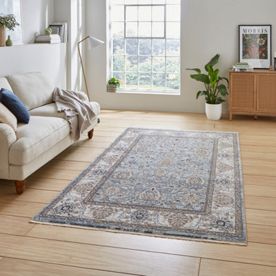 Blue Traditional Bordered Floral 10mm Thick Stain-Resistant Rug For ...
