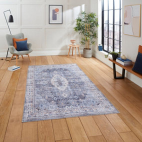 Blue Traditional Bordered Geometric Rug Easy to clean Living Room and Bedroom-120cm X 170cm