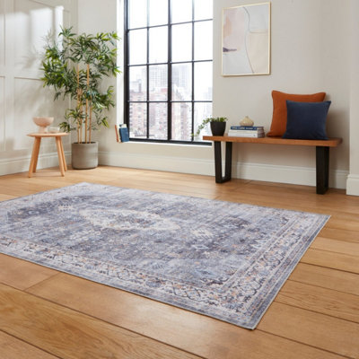 Blue Traditional Bordered Geometric Rug Easy to clean Living Room and Bedroom-120cm X 170cm