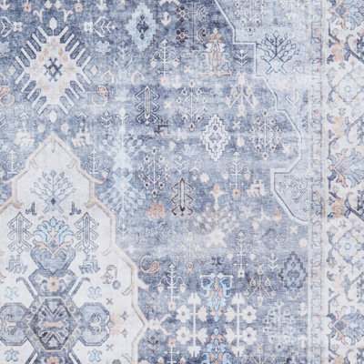 Blue Traditional Bordered Geometric Rug Easy to clean Living Room and Bedroom-120cm X 170cm