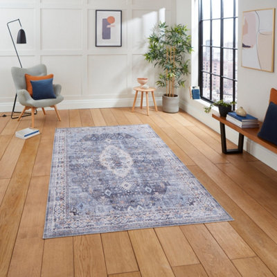 Blue Traditional Bordered Geometric Rug Easy to clean Living Room and Bedroom-150cm X 230cm