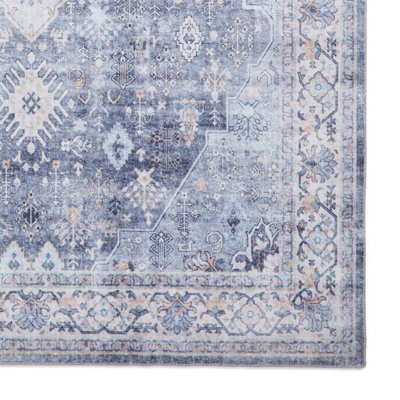 Blue Traditional Bordered Geometric Rug Easy to clean Living Room and ...