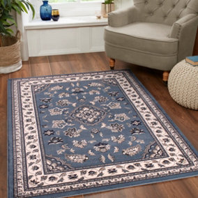 Blue Traditional Bordered Rug Easy to clean Dining Room-120cm X 170cm