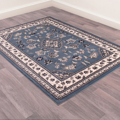 Blue Traditional Bordered Rug Easy to clean Dining Room-66 X 230cm (Runner)
