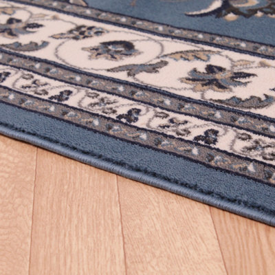 Blue Traditional Bordered Rug Easy to clean Dining Room-66 X 230cm (Runner)