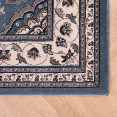 Blue Traditional Bordered Rug Easy to clean Dining Room-66 X 230cm (Runner)