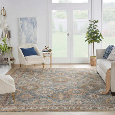 Blue Traditional Luxurious Persian Bordered Geometric Rug for Living Room and Bedroom-160cm X 234cm