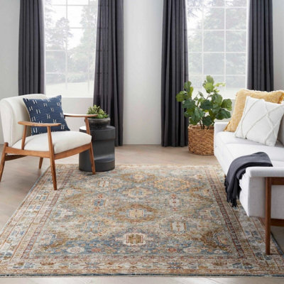 Blue Traditional Luxurious Persian Bordered Geometric Rug for Living Room and Bedroom-239cm X 315cm