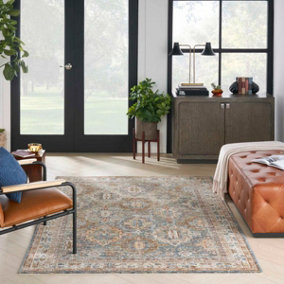 Blue Traditional Luxurious Persian Bordered Geometric Rug for Living Room and Bedroom-69 X 310cm (Runner)