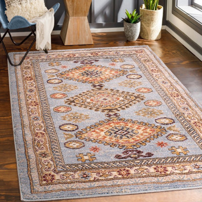 Blue Traditional Persian Bordered Floral Easy To Clean Polyester Rug