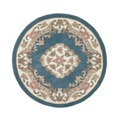Blue Traditional Wool Rug, Floral Rug with 25mm Thickness, Blue Handmade Rug for Bedroom, & Living Room-120cm (Circle)