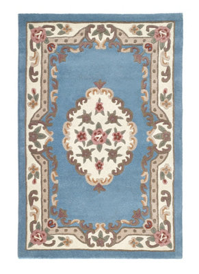 Blue Traditional Wool Rug, Floral Rug with 25mm Thickness, Blue Handmade Rug for Bedroom, & Living Room-120cm X 180cm