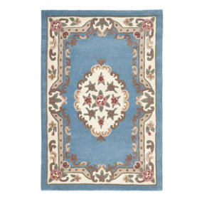 Blue Traditional Wool Rug, Floral Rug with 25mm Thickness, Blue Handmade Rug for Bedroom, & Living Room-120cm X 180cm