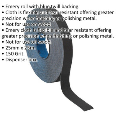 Blue Twill Emery Roll - 25mm x 25m - Flexible & Tear Resistant - 150 Grit