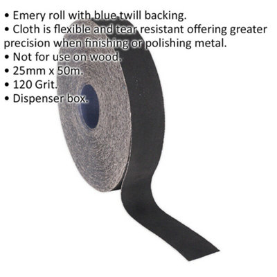 Blue Twill Emery Roll - 25mm x 50m - Flexible & Tear Resistant - 120 Grit