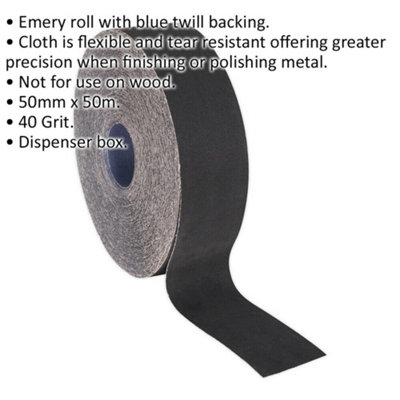 Blue Twill Emery Roll - 50mm x 50m - Flexible & Tear Resistant - 40 Grit