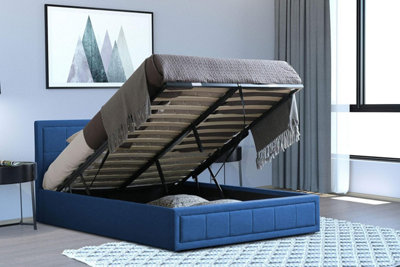 Blue Velvet Small Double Ottoman Storage Bed Frame With Mattress