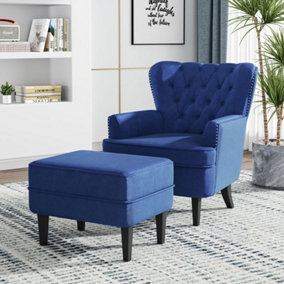 Blue Velvet Upholstered Occasional Armchair Sofa Chair with Footstool