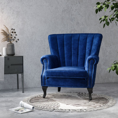 Blue Velvet Wing Back Occasional Armchair Upholstered Accent Sofa Chair with Wooden Legs