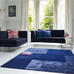 Blue Viscose , Wool Easy to clean Geometric Handmade , Luxurious , Modern , Wool Rug for Living Room, Bedroom - 120cm X 170cm