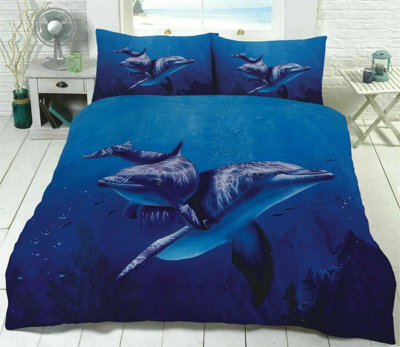 Blue Water Dancing Dolphins Bed Set - 3D Animal Printed SINGLE Beddings Duvet Cover + One Matching Pillowcase