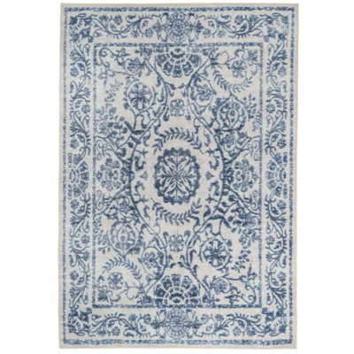 Blue White Floral Bordered Washable Non Slip Rug 160x230cm