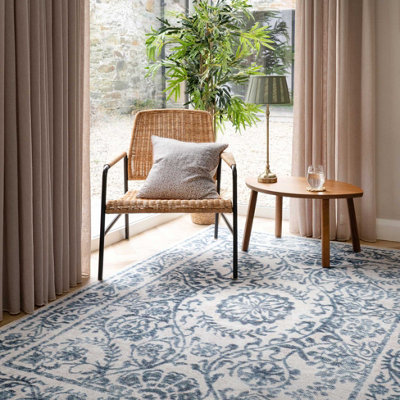 Blue White Floral Bordered Washable Non Slip Rug 160x230cm
