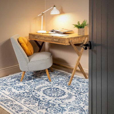 Blue White Floral Bordered Washable Non Slip Rug 160x230cm