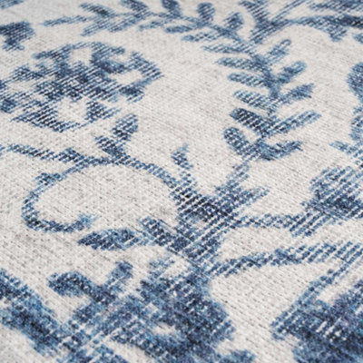 Blue White Floral Bordered Washable Non Slip Rug 160x230cm
